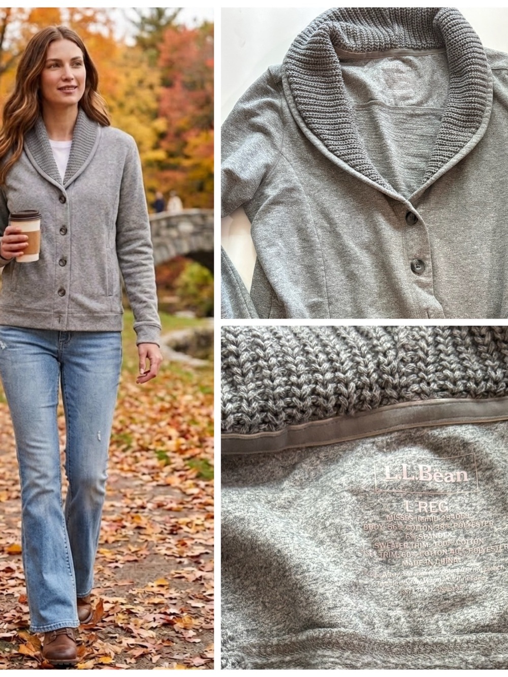 LL Bean Women's Gray shawl Athletic Sweatshirt Collar Button cardigan Fall L